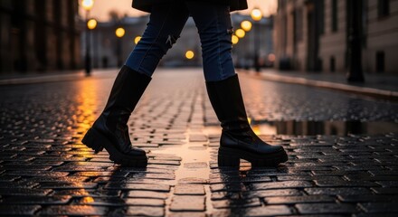 Woman crossing street in fashionable leather boots on wet cobblestones, capturing urban scene at dusk. Crossing street safely requires care and attention to your surroundings, as shown by pedestrian.