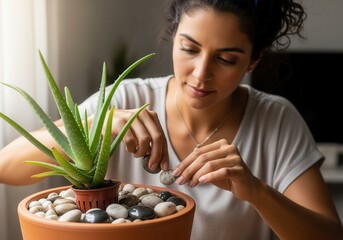 Woman arranging pebbles in a potted aloe vera plant. Close-up of hands tending to a succulent houseplant. Indoor gardening and wellness hobby