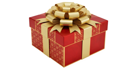 A beautifully wrapped red gift box with a shimmering gold ribbon and bow, isolated on transparent background, perfect for celebrating special occasions and expressing heartfelt sentiments