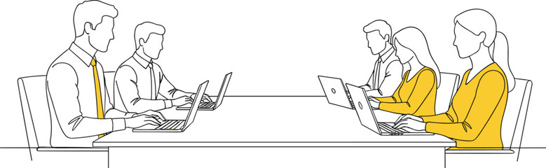 Business team sitting at conference table working on laptops, office collaboration scene, sketch style flat vector illustration.