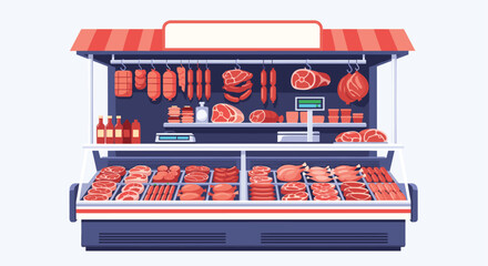 Outdoor street food stall is fully stocked with a variety of fresh meats and assorted sausages.