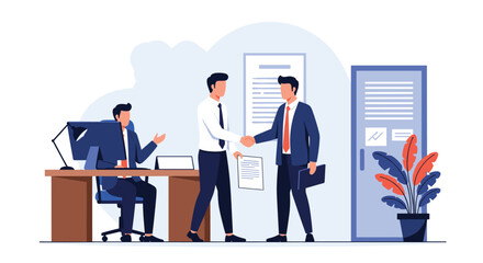 Business partners finalize their successful agreement with a firm handshake in a modern office environment.