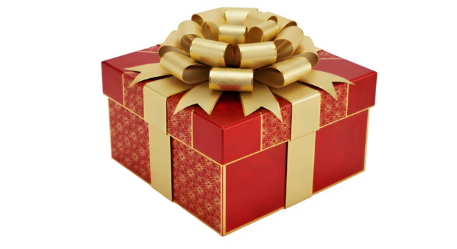 A beautifully wrapped red gift box with a shimmering gold ribbon and bow, isolated on transparent background, perfect for celebrating special occasions and expressing heartfelt sentiments