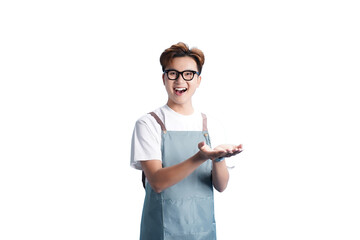 Smiling chef: A cheerful chef, adorned in an apron and glasses, beams with infectious positivity as...