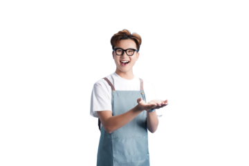 Smiling chef: A cheerful chef, adorned in an apron and glasses, beams with infectious positivity as he holds out his hands, ready to present a culinary masterpiece, conveying warmth, hospitality.