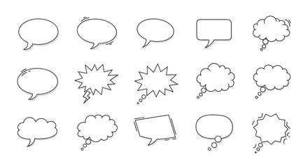 Collection of various hand-drawn comic book speech and thought bubbles in a simple outline style.