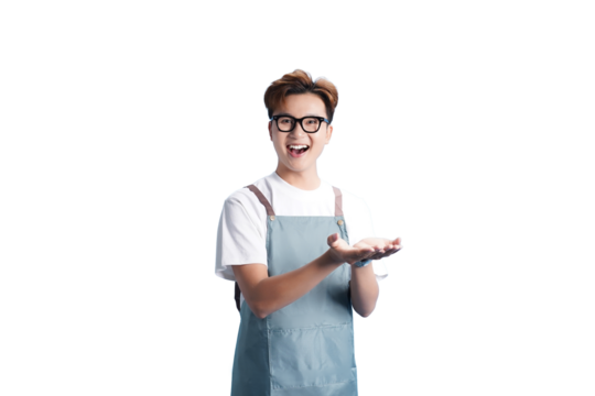 Smiling chef: A cheerful chef, adorned in an apron and glasses, beams with infectious positivity as he holds out his hands, ready to present a culinary masterpiece, conveying warmth, hospitality.