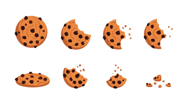 Set of delicious chocolate chip cookies shown in different stages from whole to just crumbs.