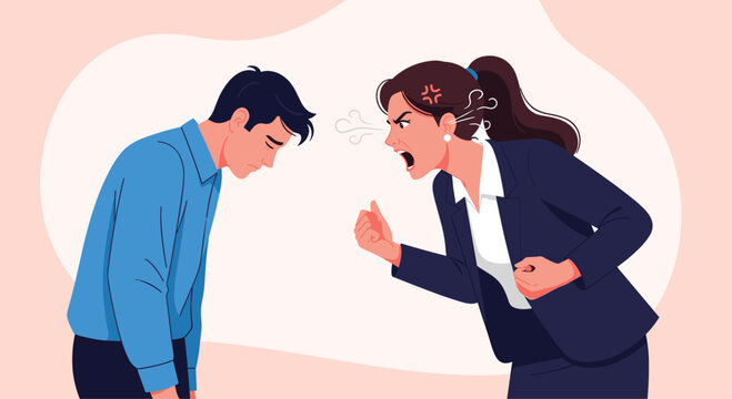 Furious female boss is aggressively yelling at a sad and stressed male office employee.