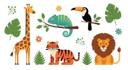 Fotobehang Dierentuin Adorable collection of various cute cartoon jungle and safari animals standing together in a group.  © Wieslaw