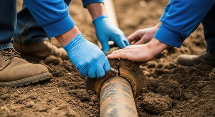 A group of workers are repairing a broken pipe in the ground, they are wearing blue gloves, the pipe is rusty and dirty, and the background is dirt and grass in natural light