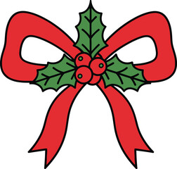 Festive red Christmas bow with holly and berries icon Clip Art Vector illustration