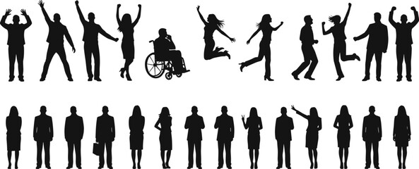 Large set of people silhouettes featuring business team standing and happy group celebrating, black vector illustration.