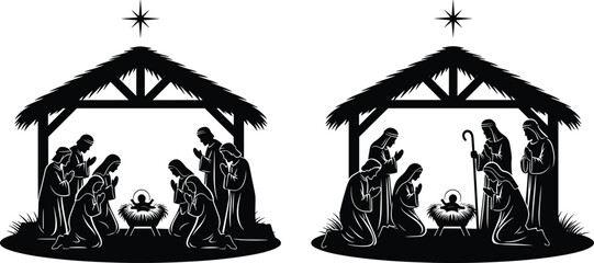Nativity scene silhouette with holy family, shepherds and star, Christmas manger illustration for religious celebration design, traditional Christian artwork theme