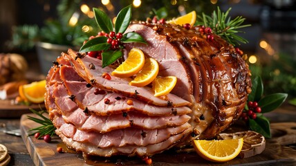 Perfectly roasted Christmas ham glazed with cloves oranges and holiday garnish
