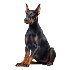 Obraz premium Alert doberman pinscher dog sitting elegantly on a white background