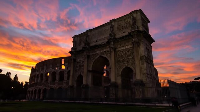 Rome's Colosseum & Arch of Constantine: Majestic Sunset Glow in Ancient Italy