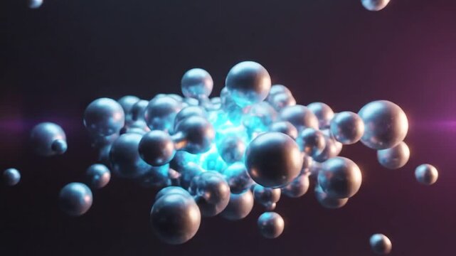 Abstract 3D animation of spheres and bubbles in a dark futuristic environment representing scientific concepts and technological advancements.