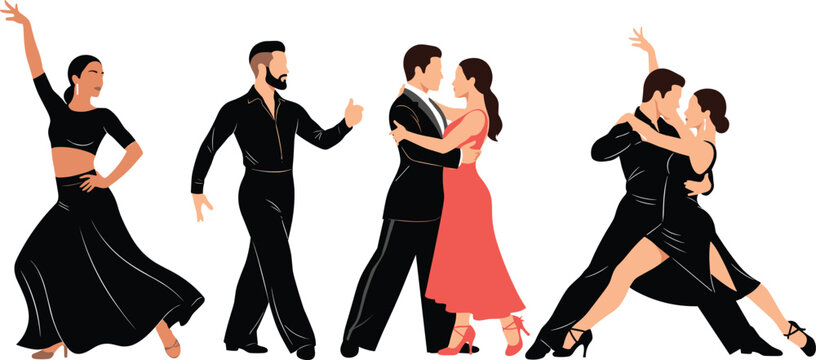 Set of Latin ballroom dancers, couples dancing tango and salsa, flamenco performers, colorful flat vector illustration collection.