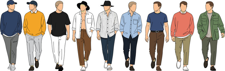 Set of stylish men walking forward wearing trendy casual outfits and hats, male fashion vector illustration collection isolated on white.