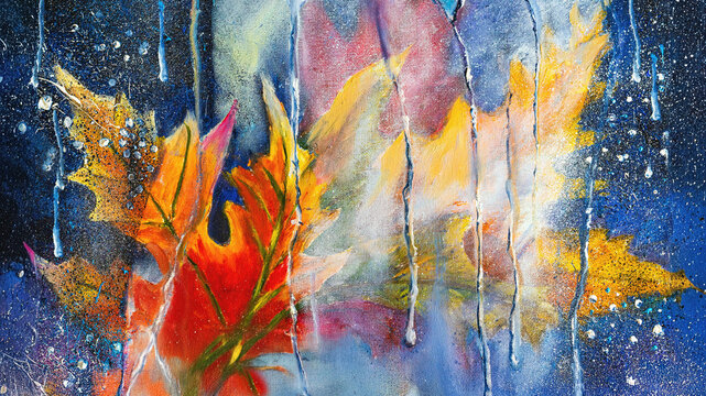 Abstract Autumn Leaf Painting. Vivid composition featuring bright autumn leaves, paint rain drips and bold textures on canvas, expressive style. Concept of autumn, abstract art, creative impressionism