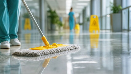 Staff member cleaning hospital corridor with a mop