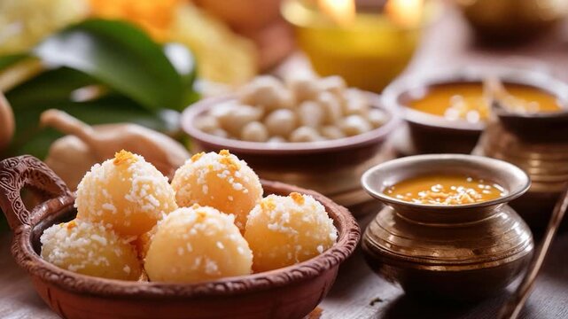 A rustic wooden table set with bowls of various foods, ideal for outdoor gatherings or rustic themed events