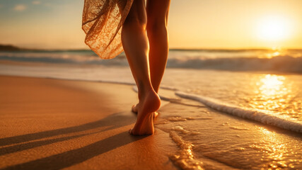 Walking barefoot on the beach at sunset with gentle waves