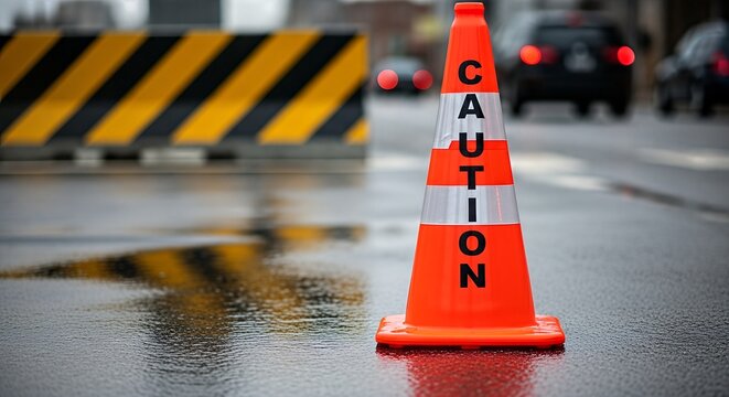 A caution cone stands on a wet road with a barrier and cars in the blurry background of the scene