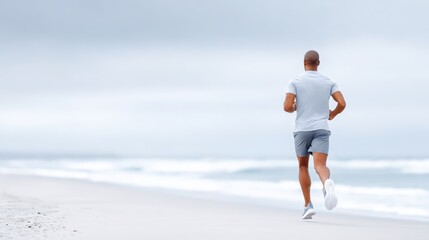 Athletic man jogging along a serene beach shoreline, with gentle waves lapping at the sand, showcasing a healthy lifestyle and connection with nature