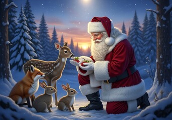 Santa claus in a snowy forest, surrounded by a deer, fox, and rabbits, offering them a gift of berries under the moonlight, creating a magical winter scene