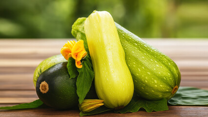 Fresh vegetables arranged on wooden table in sunny garden