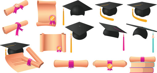 Graduation gown and diploma cartoon illustration set