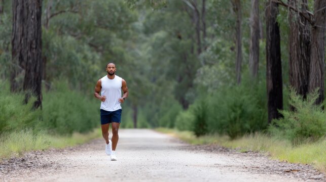 Athletic African American man jogging on a gravel path surrounded by lush greenery, showcasing fitness and outdoor activity in a serene natural environment