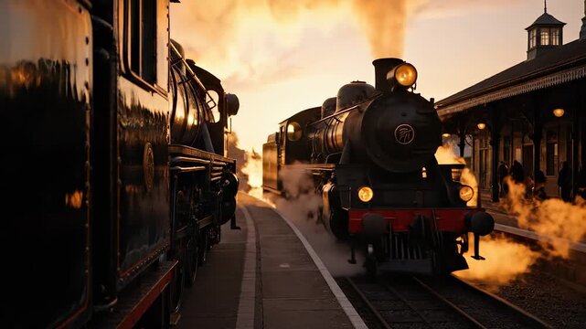 Two steam trains arrive at the vintage station, releasing puffs of smoke into the evening air. The steam trains create a nostalgic atmosphere as they welcome travelers home.