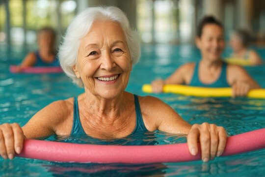 Active seniors enjoy water aerobics class in community pool