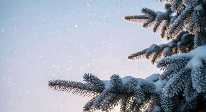 Close-up of snow-covered fir branch with light blue sky and falling snow, showing winter season, representing freshness, calmness, and festive spirit