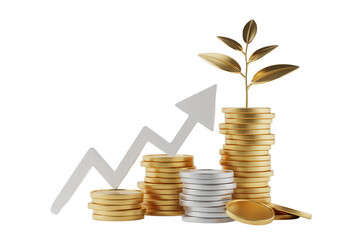 Visualize your financial growth with this illustration of ascending coin stacks, a rising graph arrow, and a golden plant symbolizing wealth and prosperity, perfect for modern investment strategies