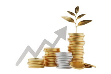 Visualize your financial growth with this illustration of ascending coin stacks, a rising graph arrow, and a golden plant symbolizing wealth and prosperity, perfect for modern investment strategies