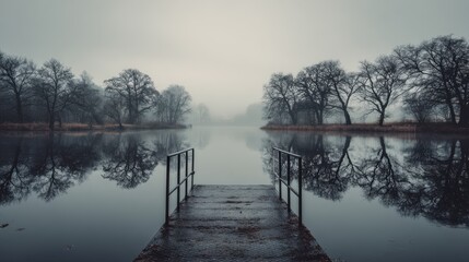 Cold foggy lake with a metal dock leading into mist, surrounded by trees reflecting on still water, creating a serene and tranquil atmosphere in nature