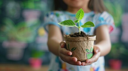 Child holding small biodegradable pot with young green plant, showcasing nurturing connection to nature and environmental awareness in a vibrant educational setting