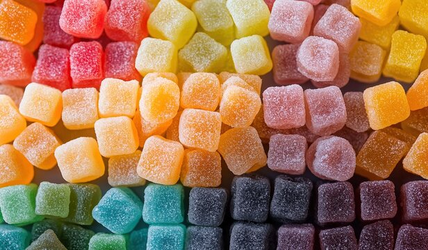 A colorful pattern of gummy cube candies arranged in rows with colors ranging from light to dark creating an attractive background for product photography. - Powered by Adobe