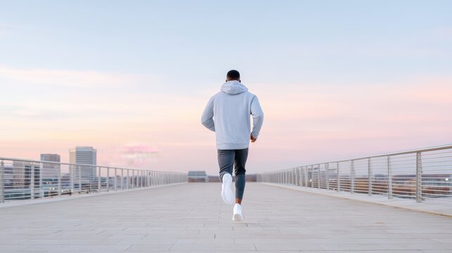 Athletic man jogging on a modern rooftop pathway at sunset, wearing a gray hoodie and black pants, showcasing a healthy lifestyle and urban fitness concept
