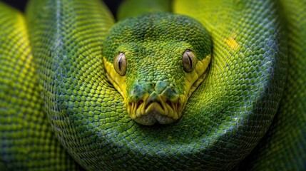 Close-up of a coiled green python with intricate scales and vibrant colors, showcasing its striking features and captivating gaze in a natural environment