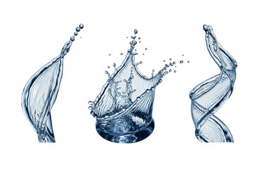 Elegant arc of water frozen in time, showcasing its smooth texture and dynamic form against a white backdrop, isolated on transparent background, perfect for conveying purity and refreshment