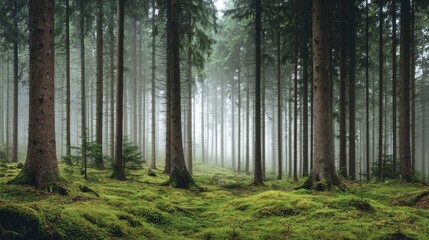 Naklejka premium Dense pine forest with tall straight trees surrounded by lush green moss and mist, creating a serene and tranquil atmosphere in nature's embrace