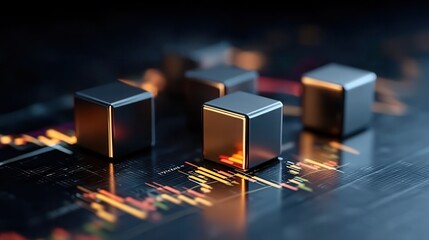 Metallic Cubes Illuminated by Trading Charts Create a Dynamic Scene of Financial Analysis