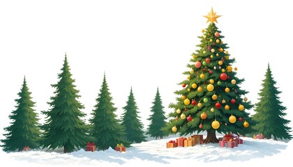 Obraz premium “Beautiful Christmas Tree in Snowy Winter Forest with Festive Decorations, Colorful Ornaments, Gift Boxes, Holiday Lights, Evergreen Trees, and Peaceful Seasonal Landscape – Classic Christmas 