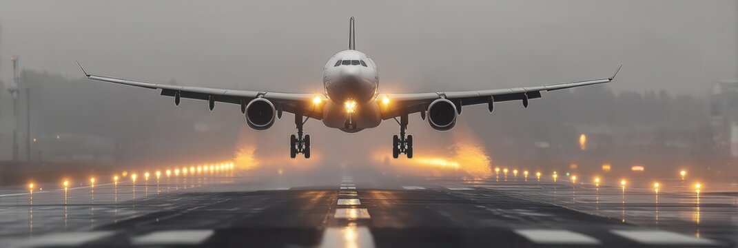 Aircraft Prepares for Landing in Foggy Weather at a Busy Airport Runway During Sunrise - Powered by Adobe