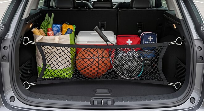 Car trunk storage organizer with groceries and supplies showcasing a tidy vehicle cargo area with a black mesh divider